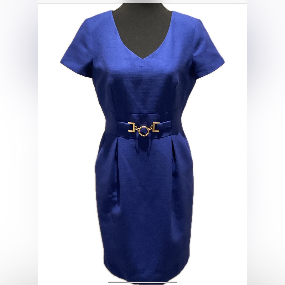 TAHARI Elegant Blue Dress Sheath Dress with Pockets .